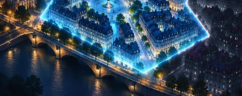The edge of a captured territory above the Seine, with an unclaimed neighbourhood nearby.