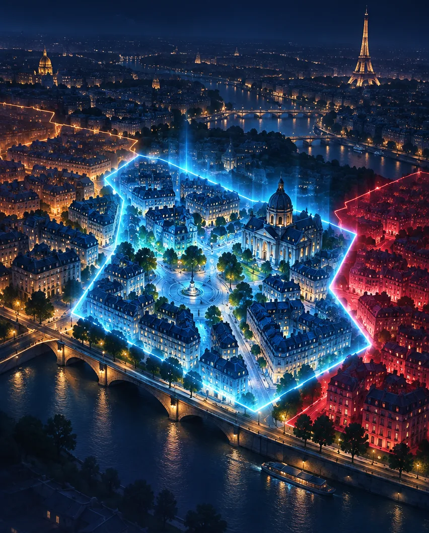 A night-time neighbourhood map of Paris: a captured zone glows cyan, with a rival red territory to the east.