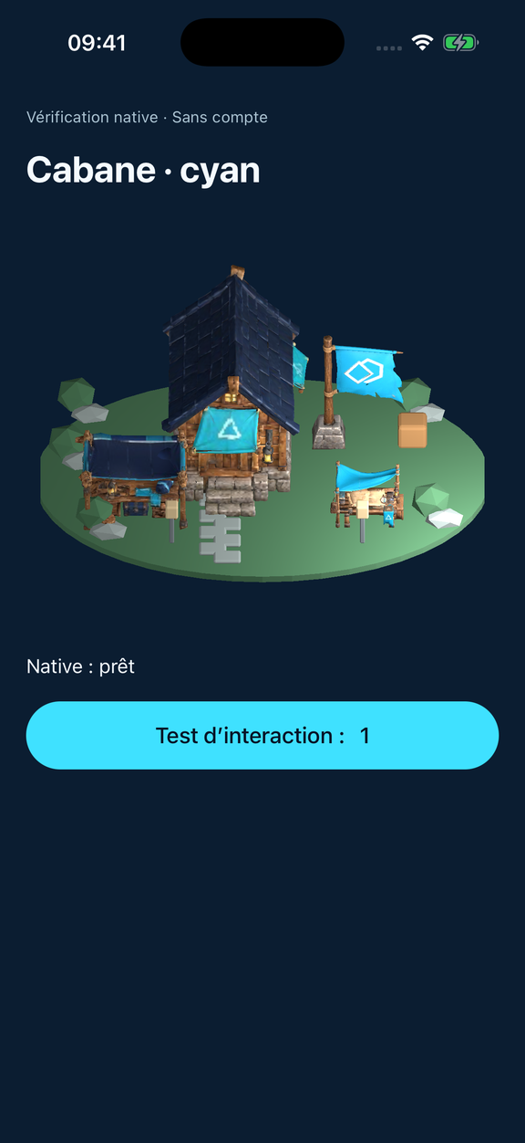 Aperçu natif de la cabane Stepwars avec un drapeau cyan, un atelier et une table d’expédition