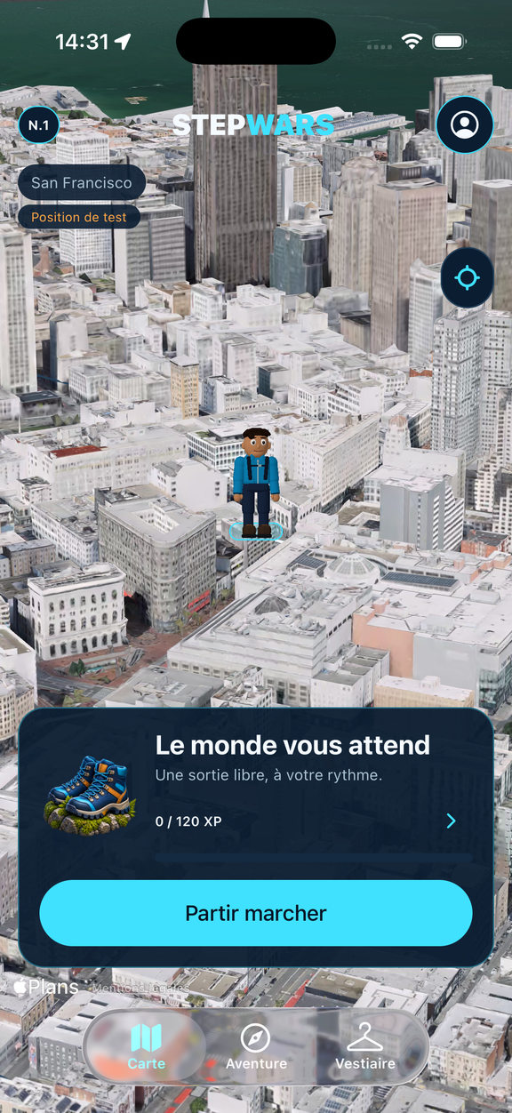 Interface iOS Stepwars : carte de San Francisco en position de test, explorateur et bouton Partir marcher